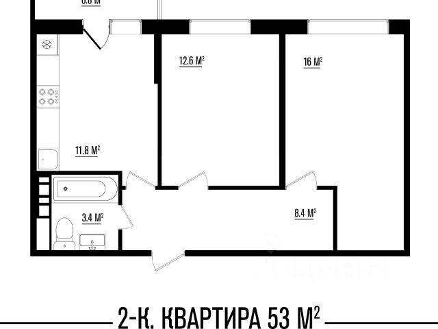 Планировка двухкомнатной квартиры 53 м2 в ЖК Спортивная деревня. Фото Циан